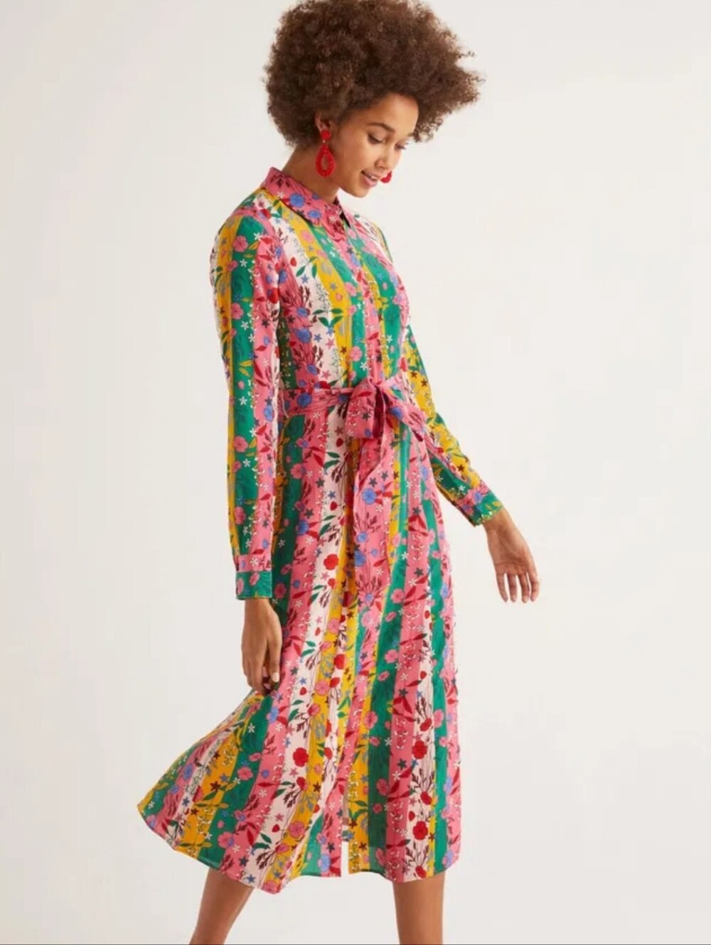 BODEN Orella 100% Silk Belted Shirt Dress - Bright Camelia Garden Charm - Picture 3 of 6